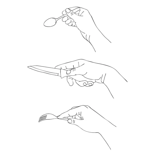 Mains avec cuillère à thé, couteau et fourchette — Image vectorielle