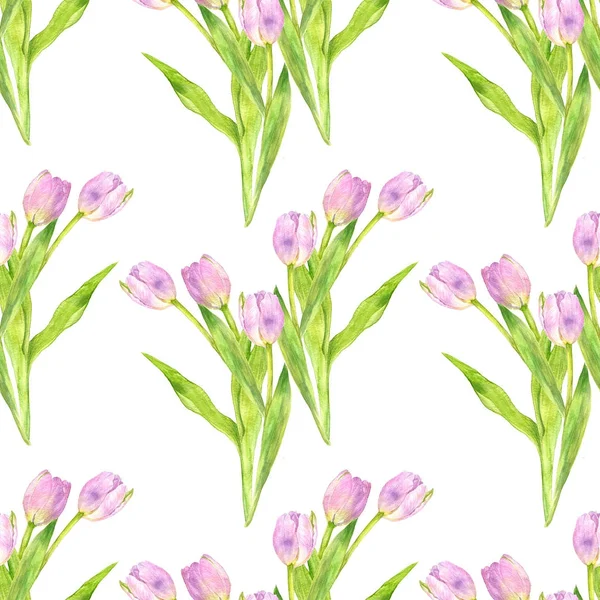 Seamless pattern with watercolor pink tulips — Stock Photo, Image