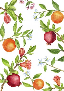 Şablon meyve ağaç dalları, yaprakları, çiçekleri ve meyveleri ile