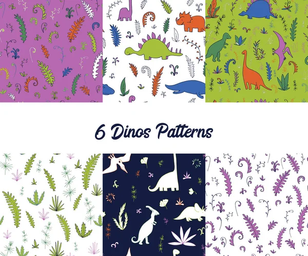 Vector set of seamless pattern with dinosaurs — Stock Vector