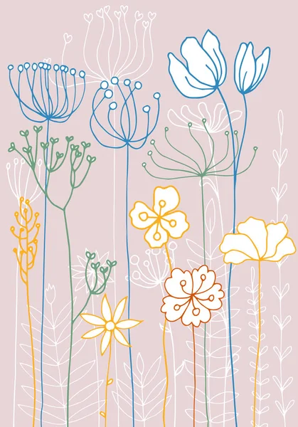 Fondo con el dibujo de hierbas y flores — Vector de stock