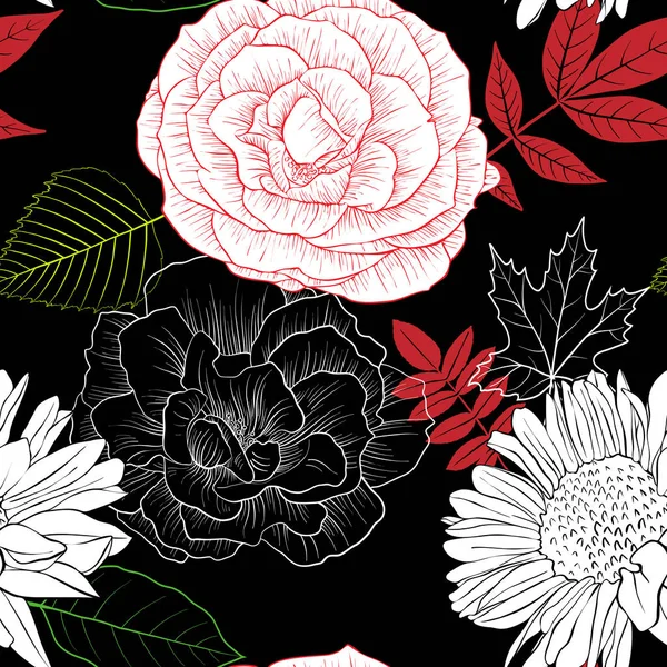 Motif sans couture vectoriel avec des fleurs et des feuilles — Image vectorielle