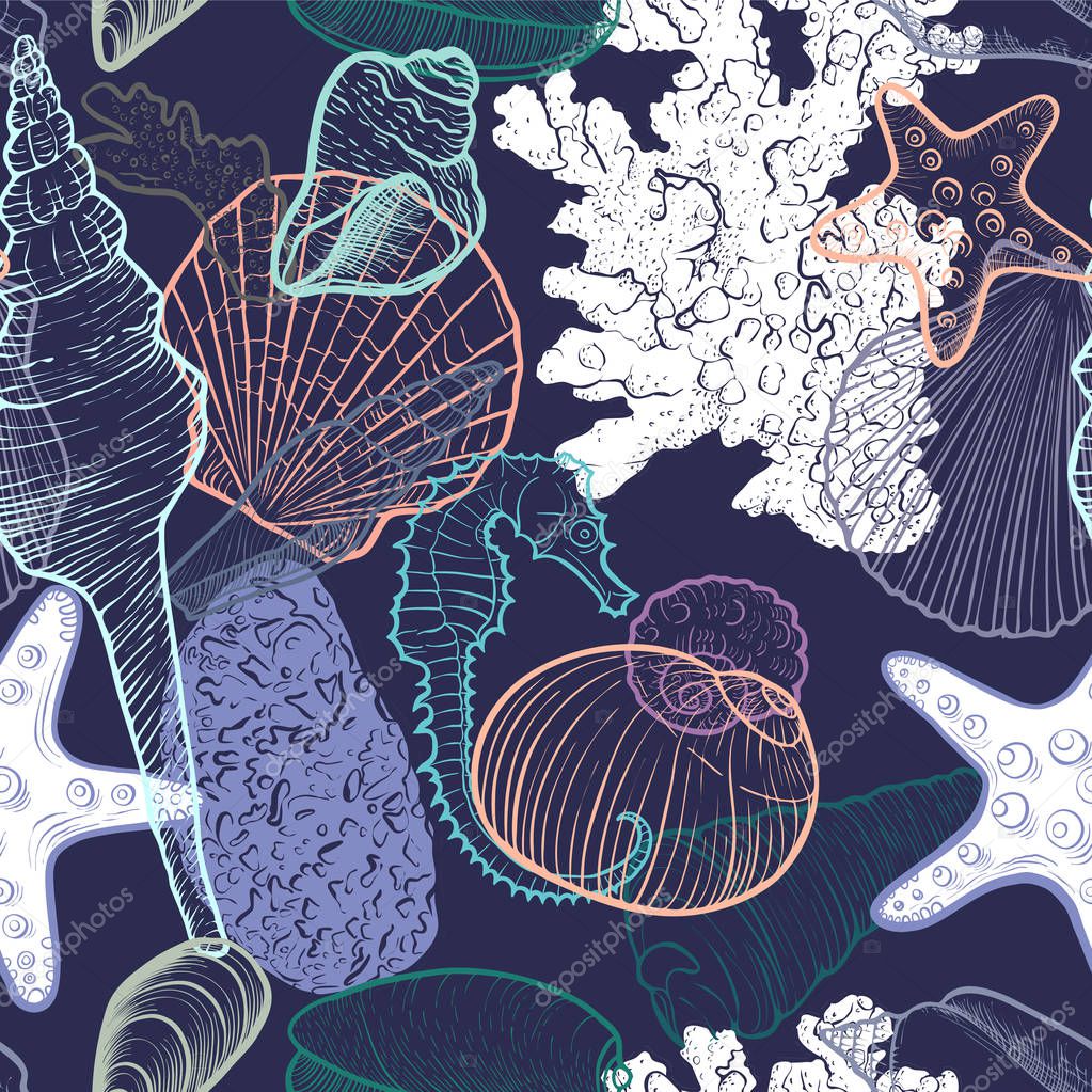 vector seamless pattern with seashells