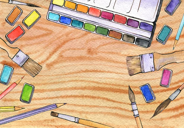 Watercolor artistic workspace — Stock Photo, Image