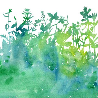 Otlar ve çiçek çizim ile suluboya arka plan