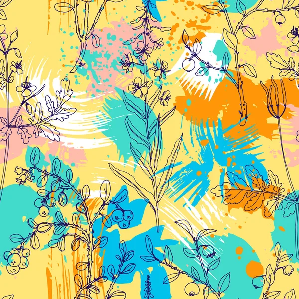 Векторный бесшовный узор с травами и цветами — стоковый вектор