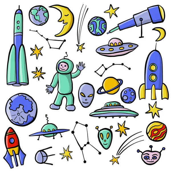 Handgezeichnetes Vektor Doodle Space Set — Stockvektor