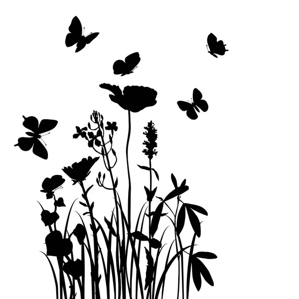 Otlar, çiçekler ve kelebekler — Stok Vektör