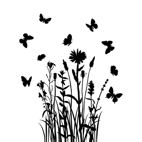 Otlar, çiçekler ve kelebekler — Stok Vektör