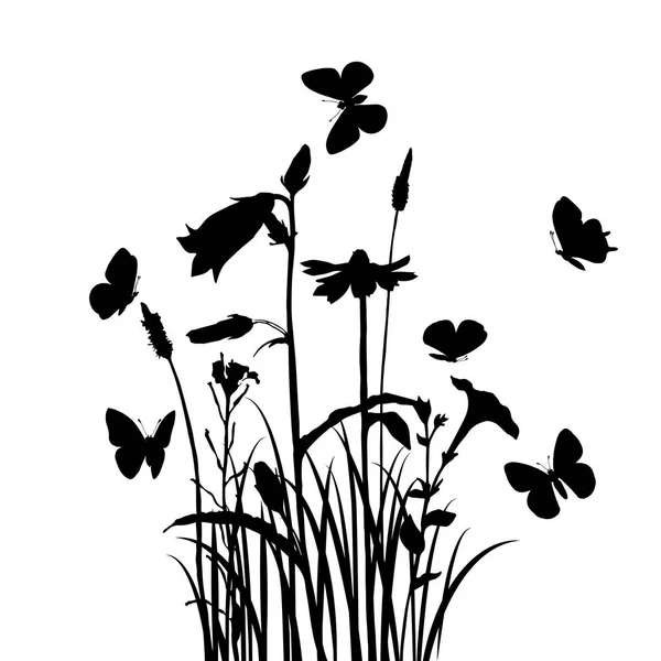 Трава, квіти та метелики — стоковий вектор