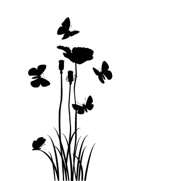 Erba, fiori e farfalle — Vettoriale Stock