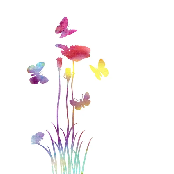 Watercolor grass, flowers and butterflies — Stock Photo, Image