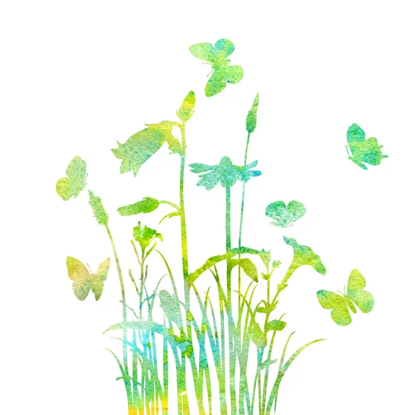 Watercolor grass, flowers and butterflies — Stock Photo, Image