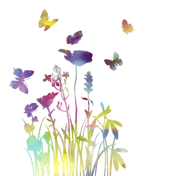 Акварельная трава, цветы и бабочки — стоковое фото