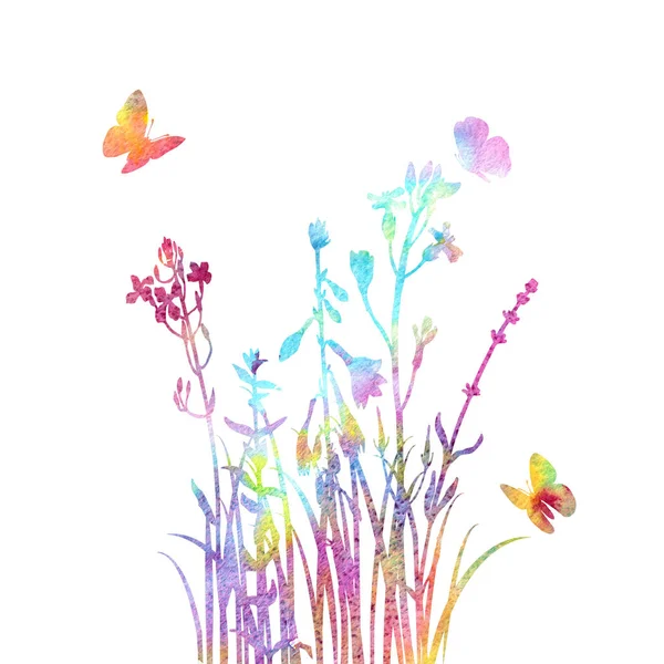 Watercolor grass, flowers and butterflies — Stock Photo, Image