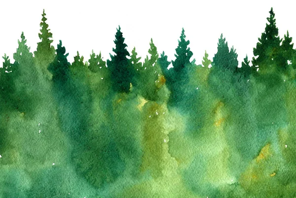 Watercolor landscape with trees Stock Photo