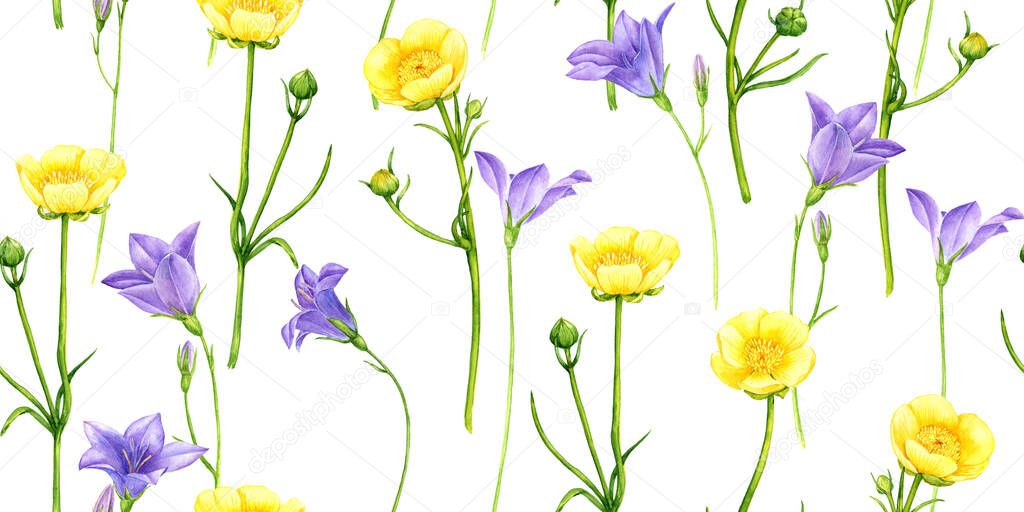 seamless pattern with watercolor drawing wild flowers
