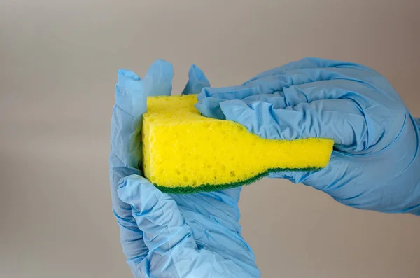 Yellow Porous Sponge Female Hands Cleaning Service Worker Wearing Protective — Stock Photo, Image