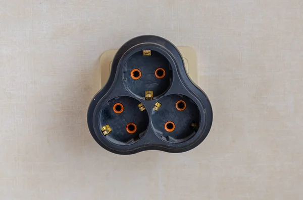 Electric Tee Socket Closeup Used Black Tee Wall Outlet Electrical — 스톡 사진