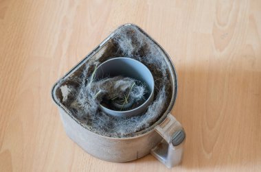 Çöp ve toz dolu elektrikli süpürge konteynırı..