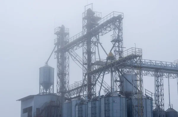 Ascensor Grano Moderno Niebla Niebla Matutina Espesa Sobre Silos Líneas — Foto de Stock