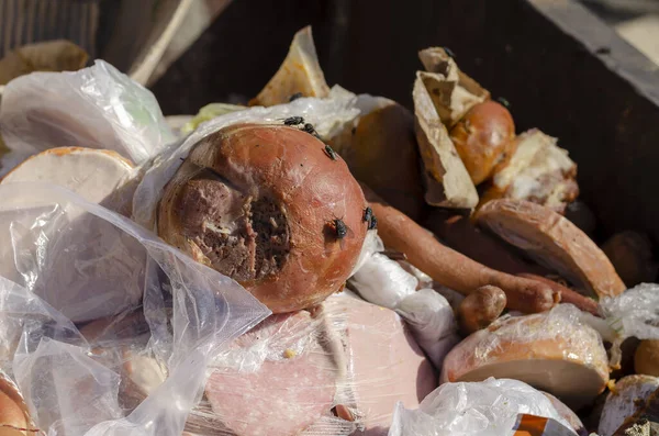 Gnijące Kiełbaski Bliska Różne Nieodpowiednie Produkty Mięsne Pojemniku Śmieci Kosz — Zdjęcie stockowe