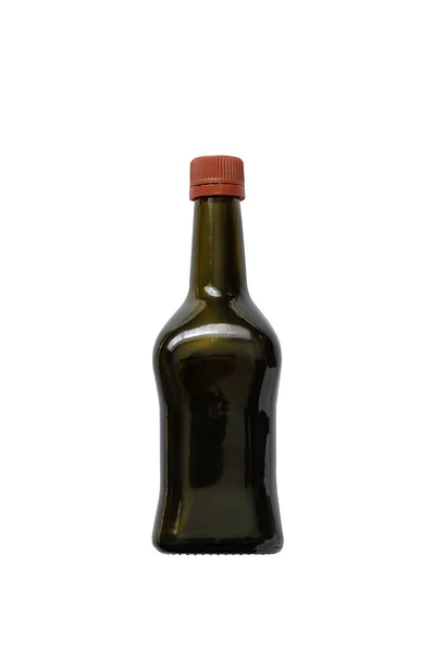 赤コルクで茶色のガラス瓶 ソースまたはマリネ用の正方形のボトル 白い背景に隔離されています サイドビュー — ストック写真