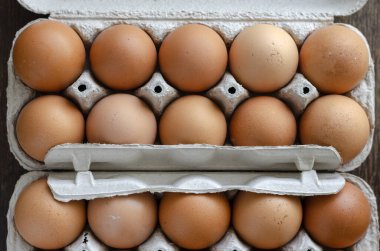 Tepside kahverengi tavuk yumurtası. Tepsiler dolusu çiğ çiftlik yumurtası. Geleneksel yemek. Yukarıdan bak. Seçici odak.