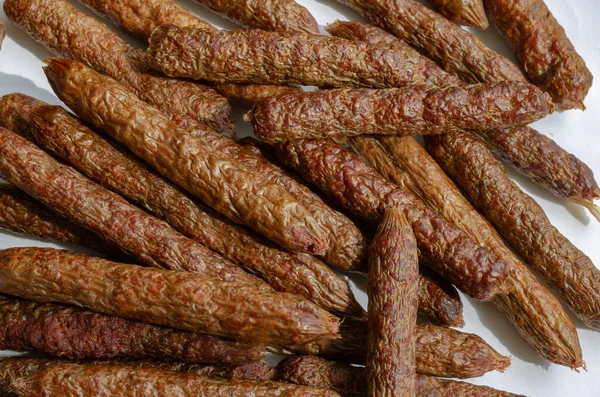 Saucisses Séchées Pour Chiens Groupe Saucisses Bœuf Séchées Pour Traiter — Photo