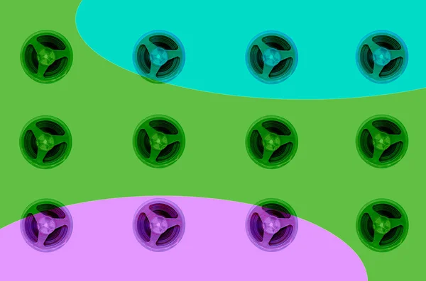 Reels Magnetic Audio Tape Colored Background Twelve Plastic Bobbins Three — Stock Photo, Image