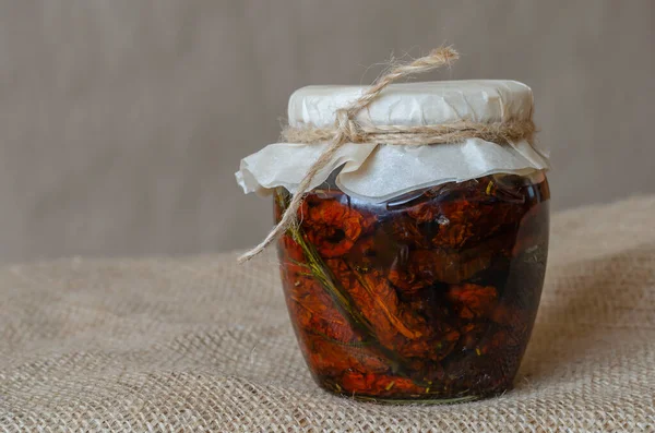 Glass Jar Sun Dried Tomatoes Olive Oil Homemade Canned Food — Stock Photo, Image