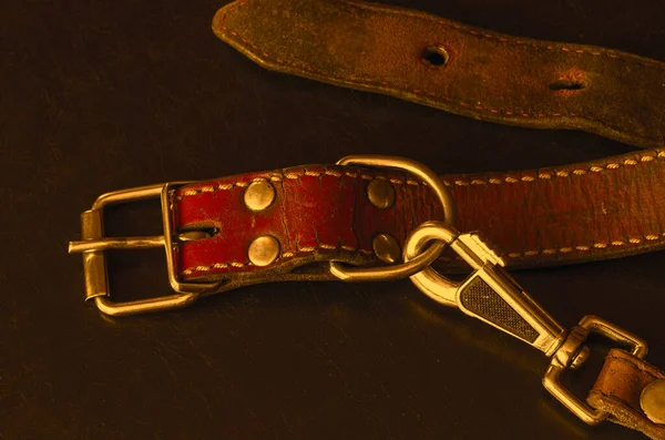 Old red leather dog collar with a leash. A close-up of a shabby and cracked dirty collar on a dark table and a metallic snap hook. Love to the animals. Vintage Collectibles. Selective focus.