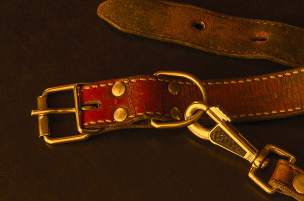 Old red leather dog collar with a leash. A close-up of a shabby and cracked dirty collar on a dark table and a metallic snap hook. Love to the animals. Vintage Collectibles. Selective focus.
