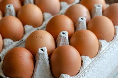 Tepside kahverengi tavuk yumurtası. Tepsiler dolusu çiğ çiftlik yumurtası. Geleneksel yemek. Yukarıdan bak. Seçici odak.