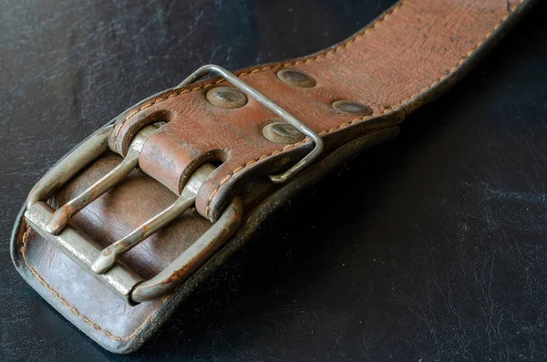 Cracked Very Old Leather Belt Double Metal Buckle Close Wide — Stock Photo, Image