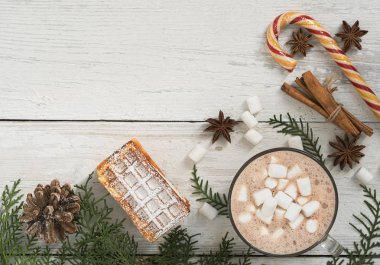Beyaz ahşap bir masada sıcak kakao ve lokum. Baharatların arka planında sıcak içecekler için kakule, anason, tarçın. Yakınlarda kozalaklı dallar ve taze waffle 'lar var. Boşluğu kopyala.