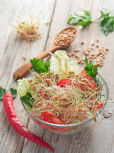 Buğday tohumu, domates ve maydanozlu salata eski ahşap arka planda bulunan cam bir kasede. Üst manzara, doğal ışık. Dikey oryantasyon. Sağlıklı, doğal yiyecekler..