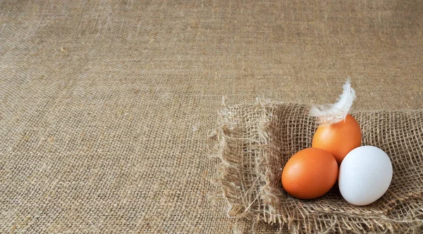 Organic brown and white eggs of chicken uncooked freshness nutrition on flaxen , brown sack for background texture. soft focus, close-up, copy space — Stock Photo, Image