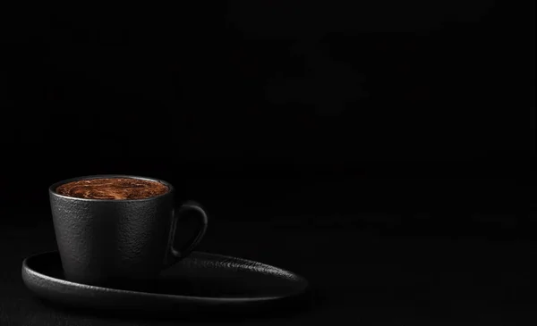 Taza Con Espresso Con Espuma Platillo Fondo Piedra Negra Copia — Foto de Stock