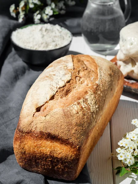 Freshly Baked Bread Baking Ingredients White Wooden Table Close Hobby — Stock Photo, Image