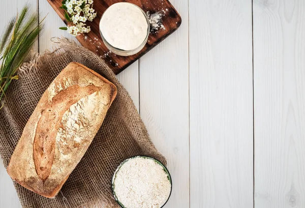Sourdough Preparation Bread Flour Freshly Baked Bread White Wooden Table — Stock Photo, Image