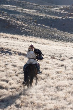 Bayan Olgii, Moğolistan - 6 Ekim 2019: Altın Kartal 'ın bilinmeyen avcısı tecrübesini gösteriyor. Kartallı yerel avcıya Berkutchi denir..