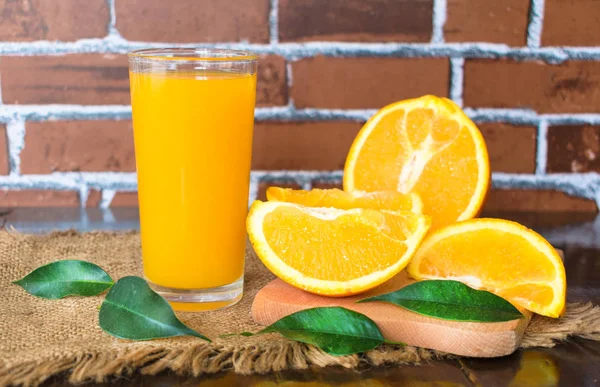 Orange Juice Glass Background Brick Wall — 스톡 사진