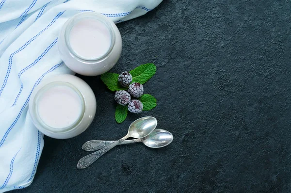Dua Toples Yogurt Blackberry Dengan Latar Belakang Hitam Salin Ruang — Stok Foto