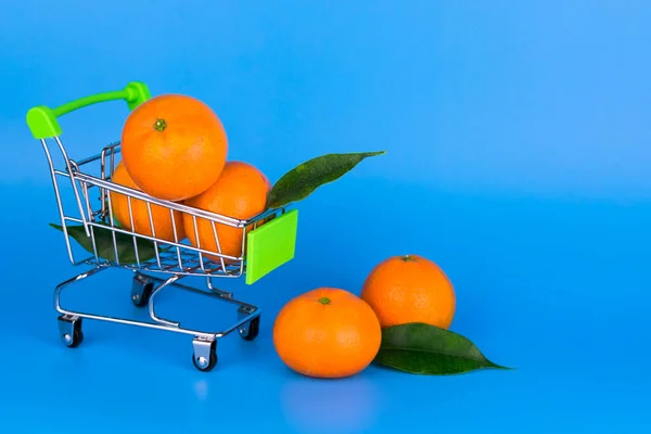 Mandarin Egy Kis Bevásárlókocsiban Kék Háttérrel Fénymásolási Hely — Stock Fotó