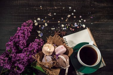 Beyaz bir tabak içinde TOPVIEW kahve ve krem macaroons 