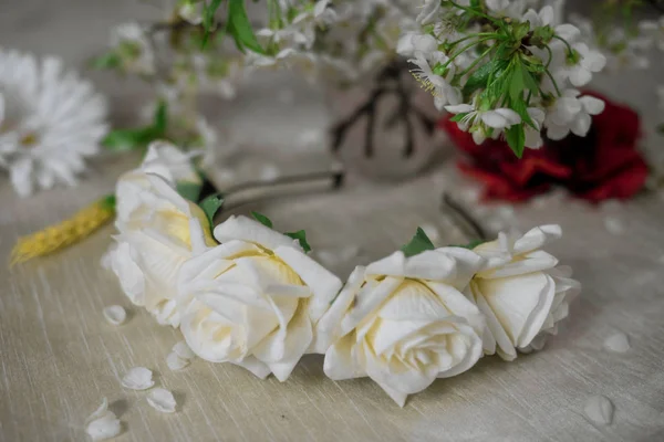 White wreath with cherry blossom. Flower crown Stock Picture