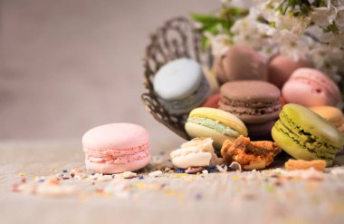 Eski Doğu örgülü vazoda çok renkli macaroons