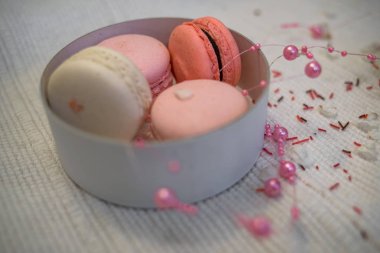 Bir beyaz derin kağıt kase pastel macaroons