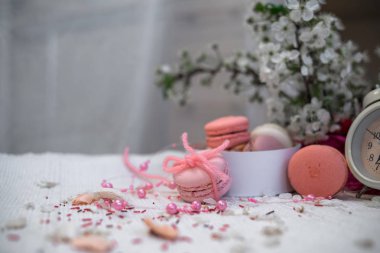 İhale pastel pembe ve turuncu macaroons beyaz battaniye ve arka plan